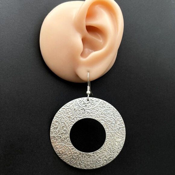 Silver Cut Out Round Floral Embossed Textured Open Hoop Dangling Hook Earrings - Picture 7 of 8